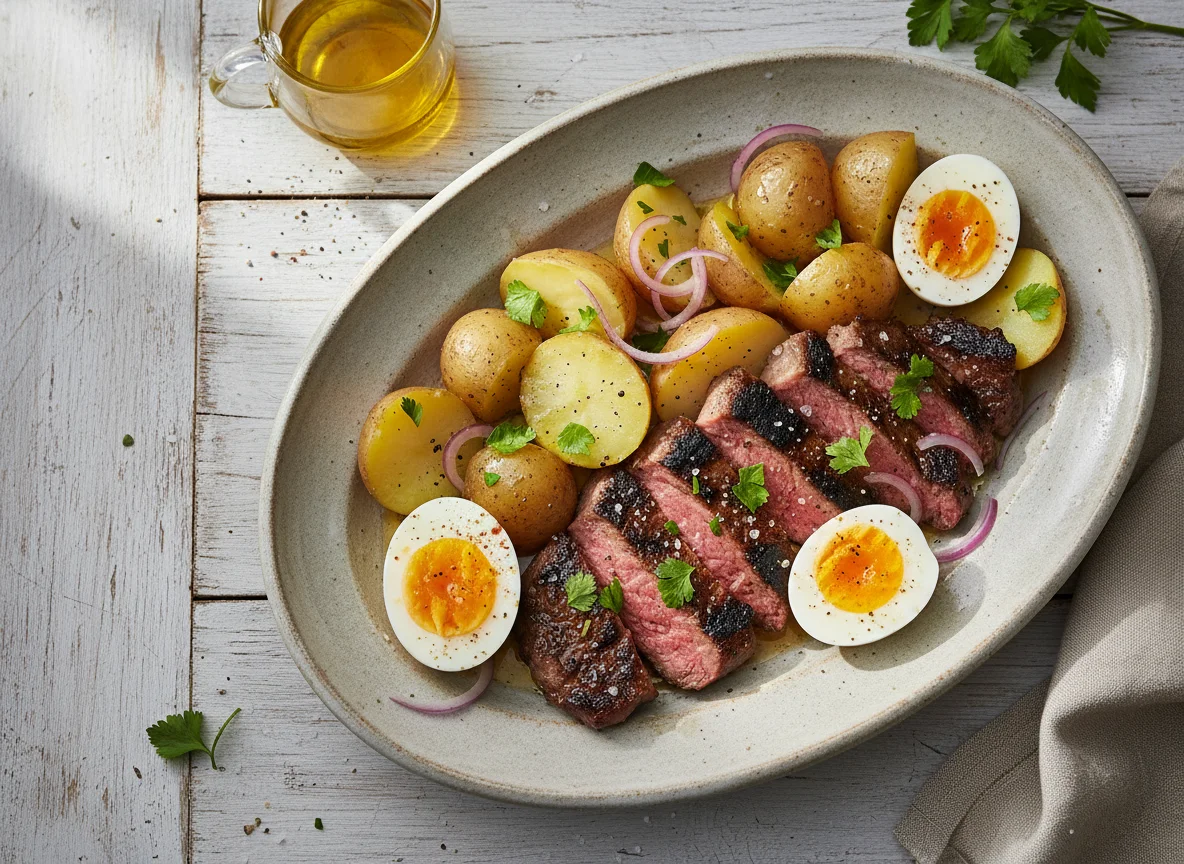 Carne asada con papas y huevos duros photo