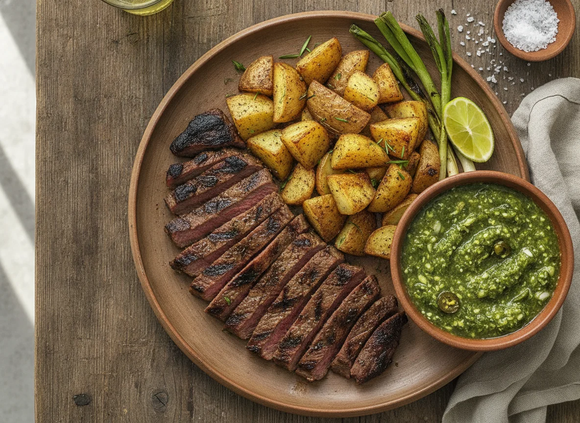Carne asada con papas y salsa photo
