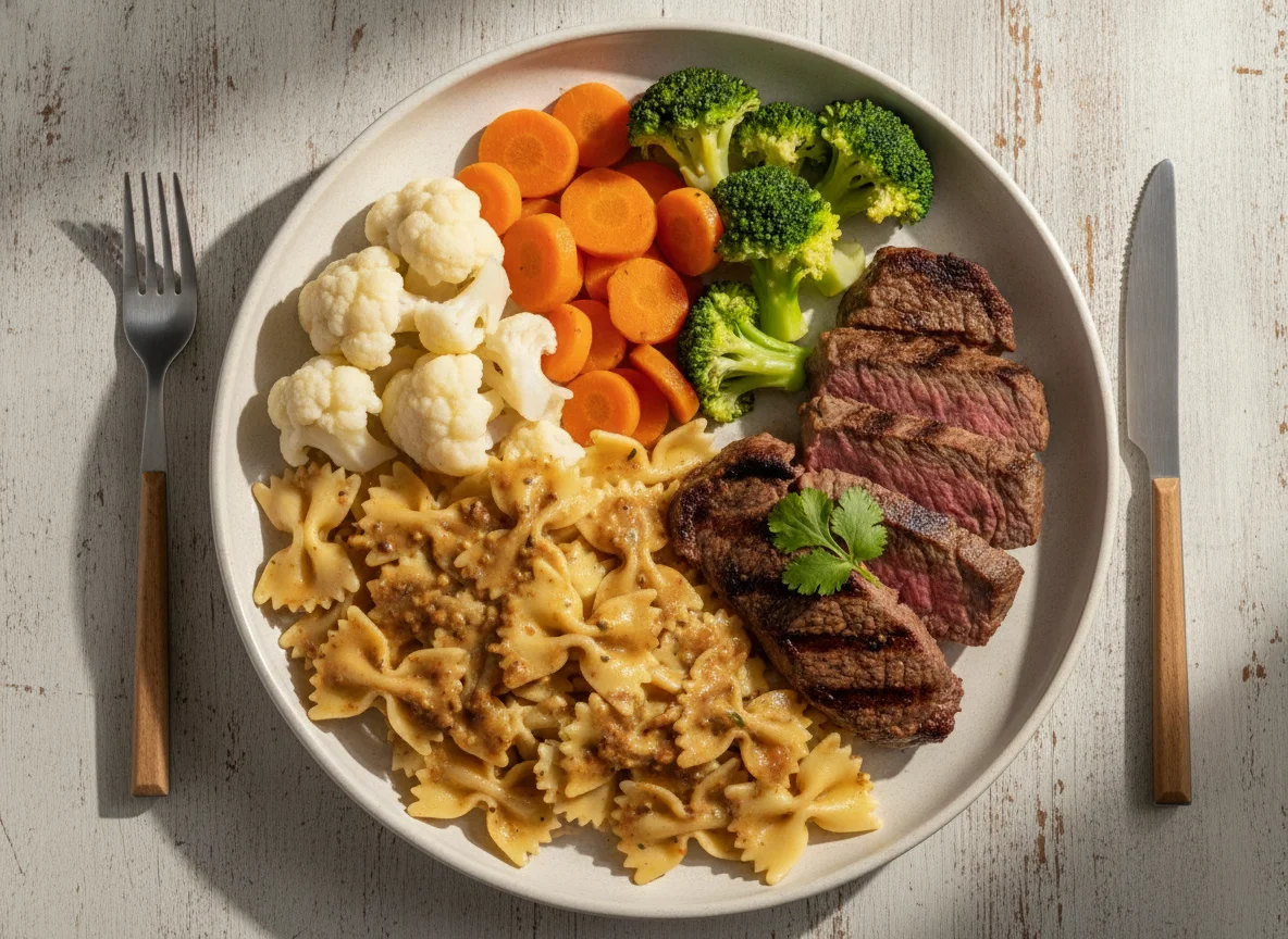 Carne asada con pasta farfalle y vegetales al vapor photo