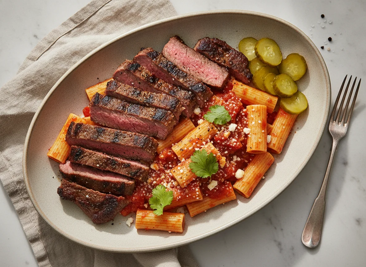 Carne asada con pasta y pepinillos photo