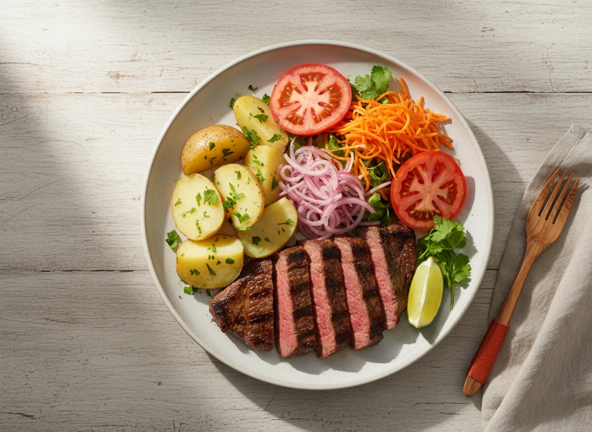 Carne asada con patatas y ensalada photo