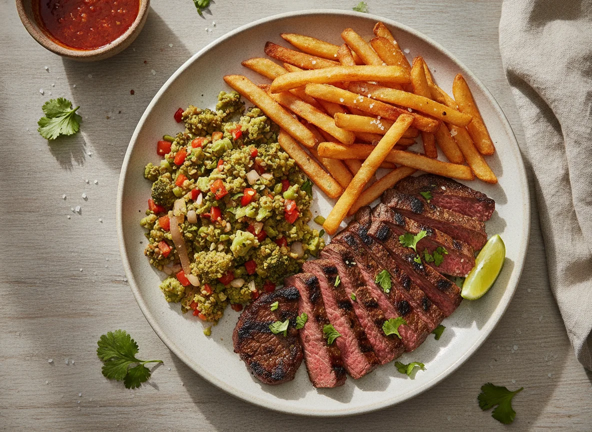 Carne asada con picadillo de brócoli y papas photo