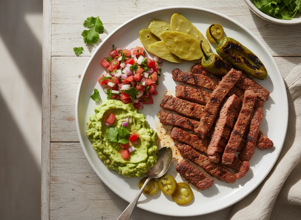 Carne asada con pico de gallo y guacamole photo