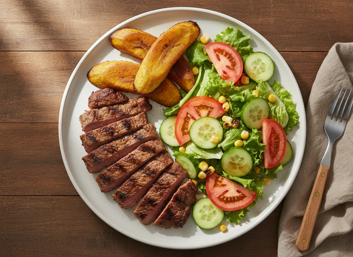 Carne asada con plátano al horno y ensalada photo
