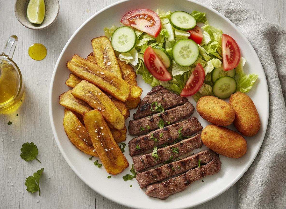 Carne asada con plátano frito, croqueta y ensalada photo