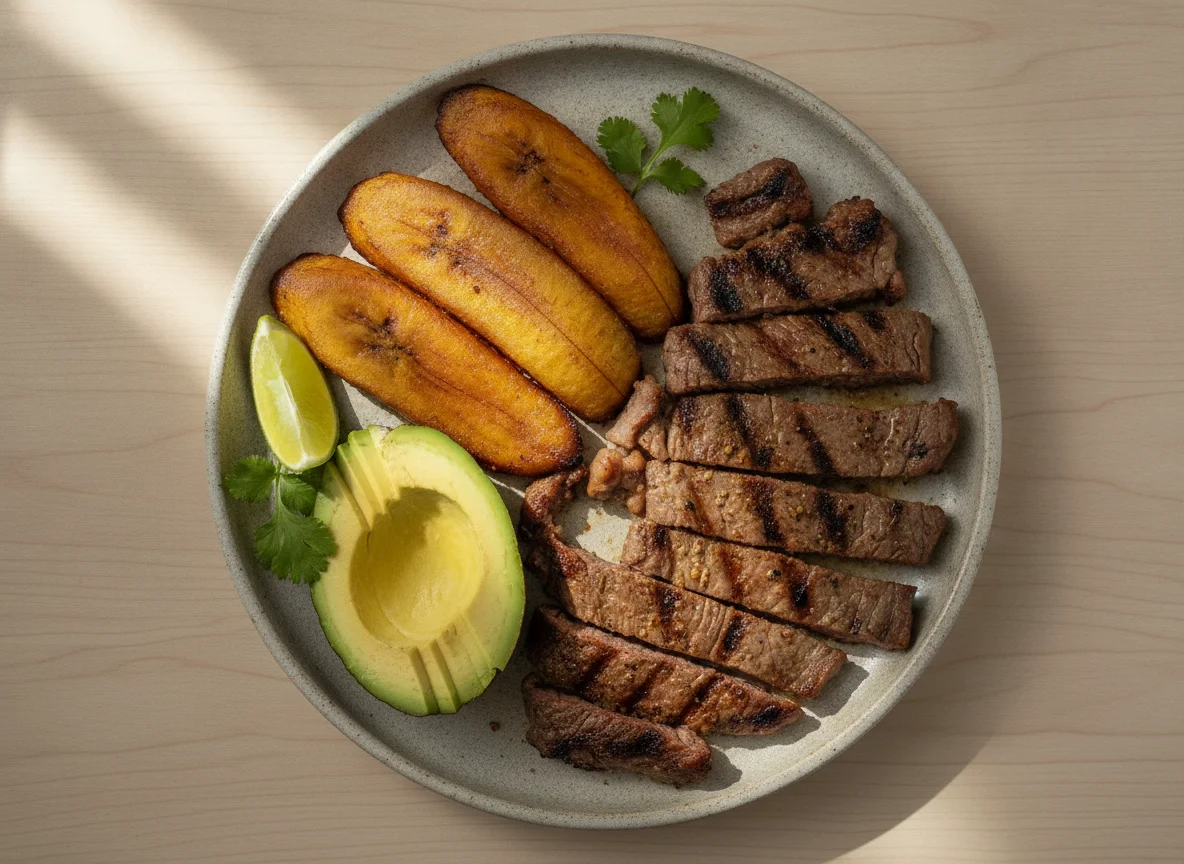 Carne asada con plátano maduro frito y aguacate photo