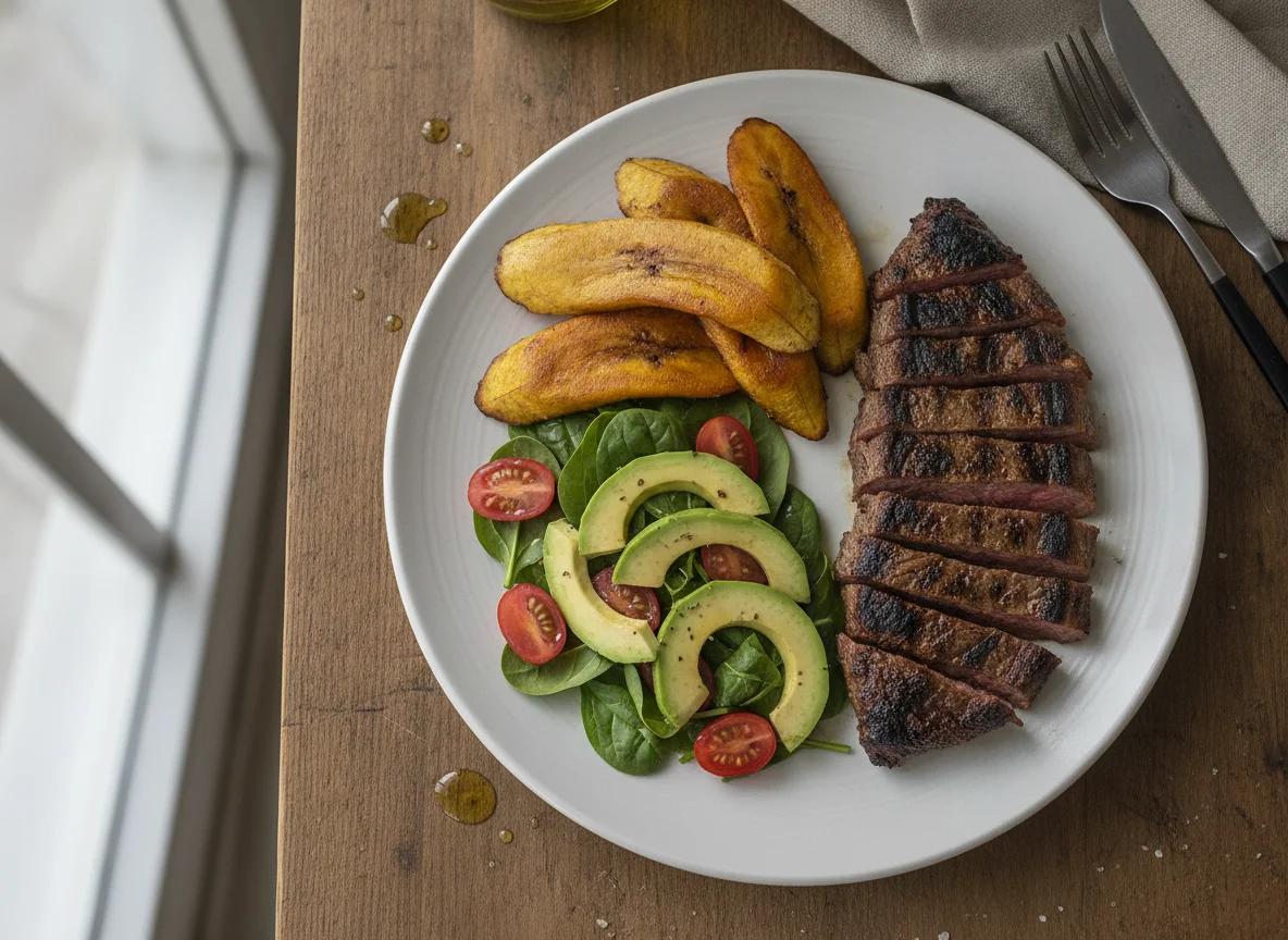 Carne asada con plátano maduro y ensalada de aguacate photo