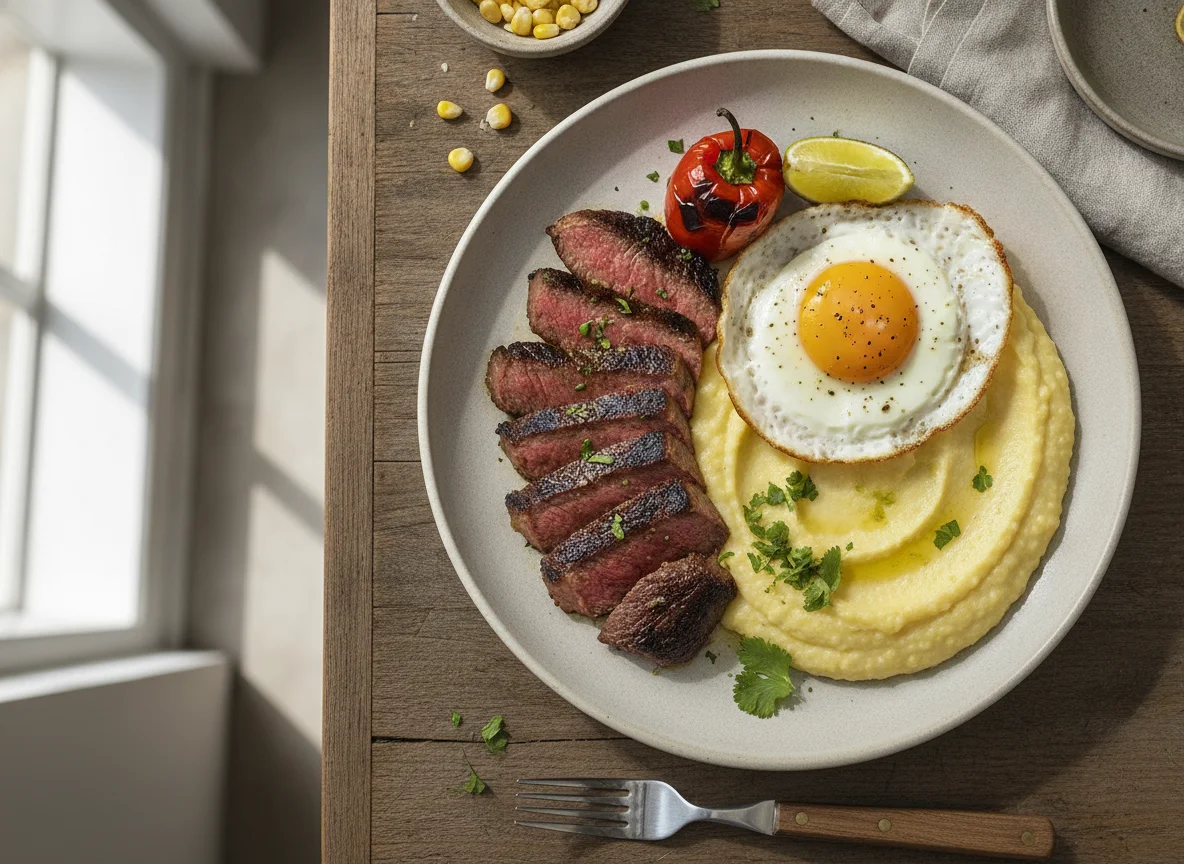 Carne asada con puré de maíz y huevo frito photo