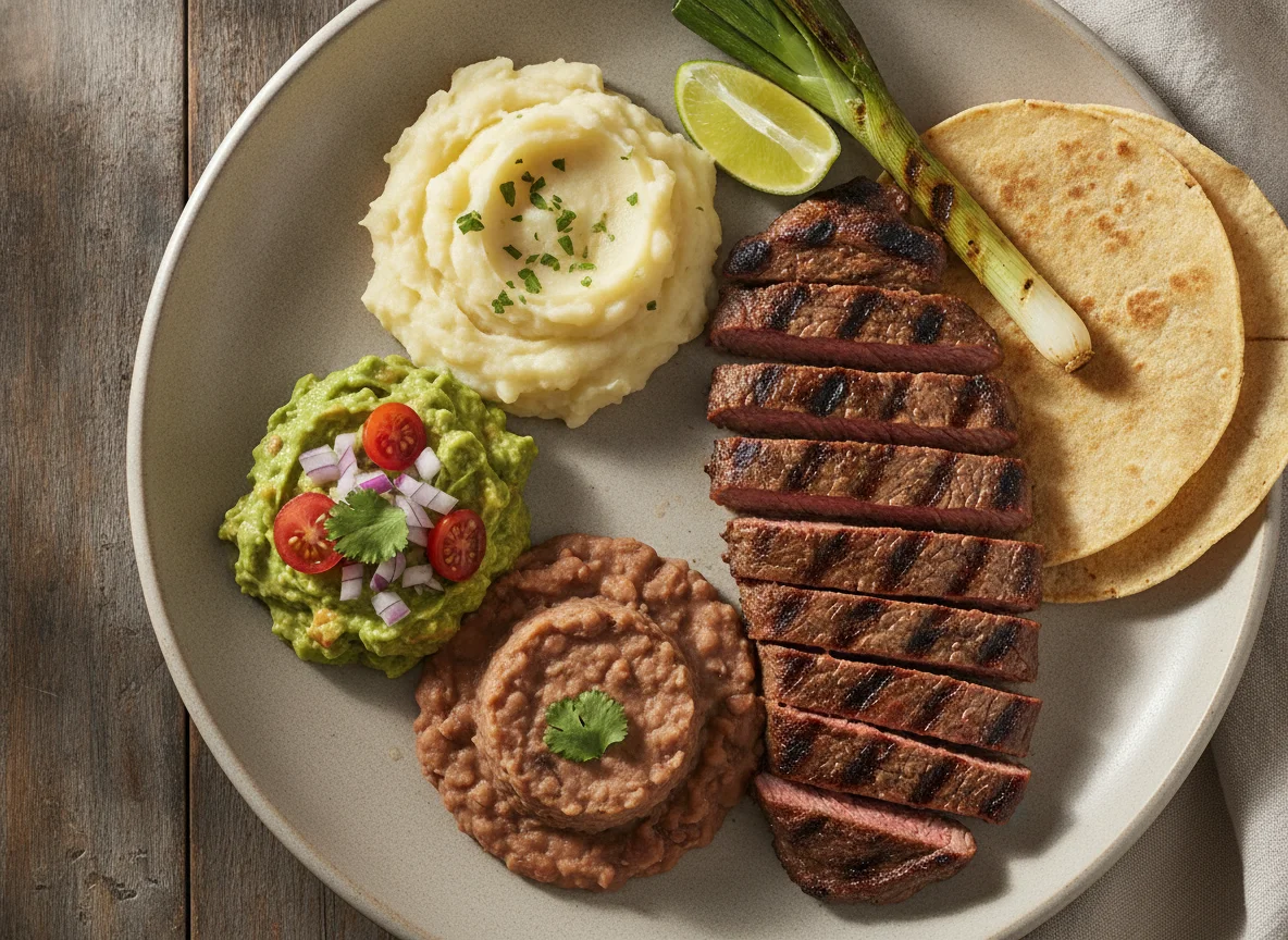 Carne asada con puré de papa, frijoles y guacamole photo