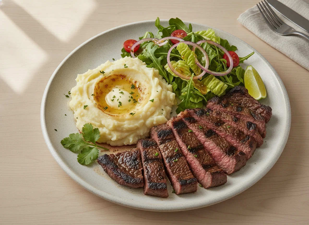 Carne asada con puré de papa y ensalada photo
