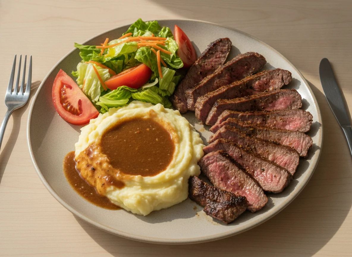 Carne asada con puré de papas y ensalada photo