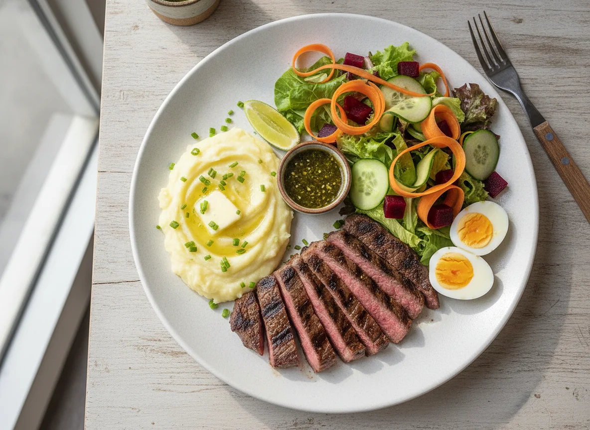 Carne asada con puré de papas y ensalada mixta photo