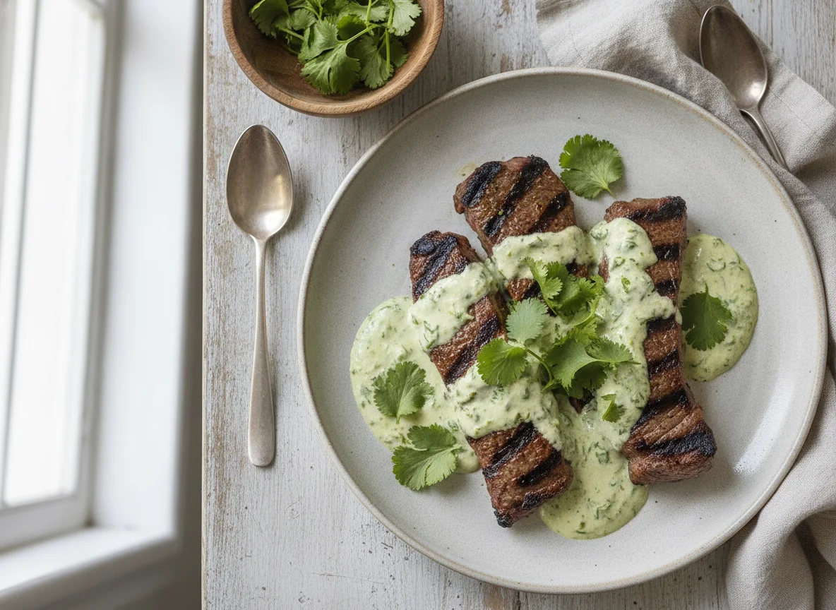 Carne asada con salsa cremosa y cilantro photo