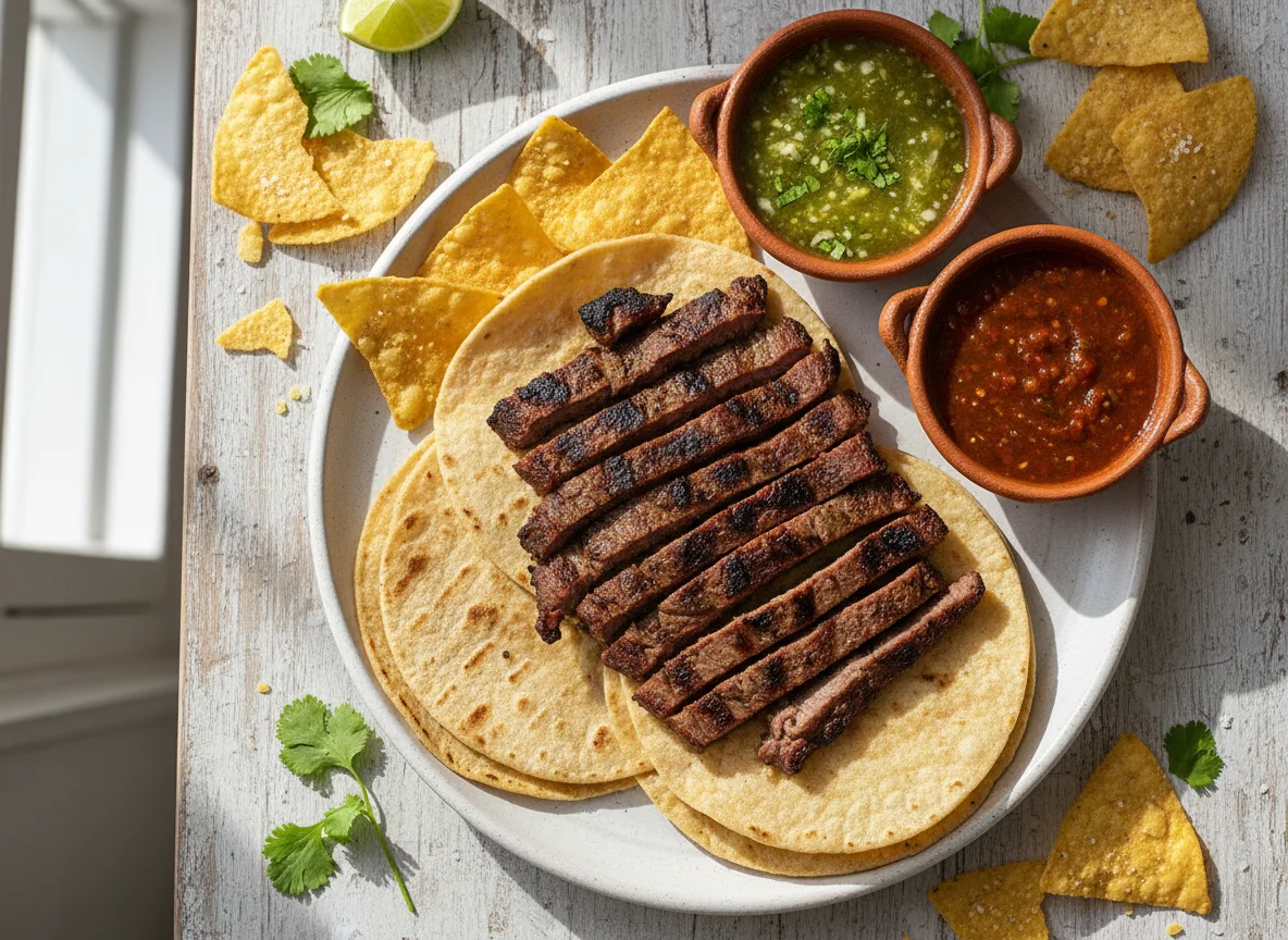 Carne asada con tortillas y salsas photo