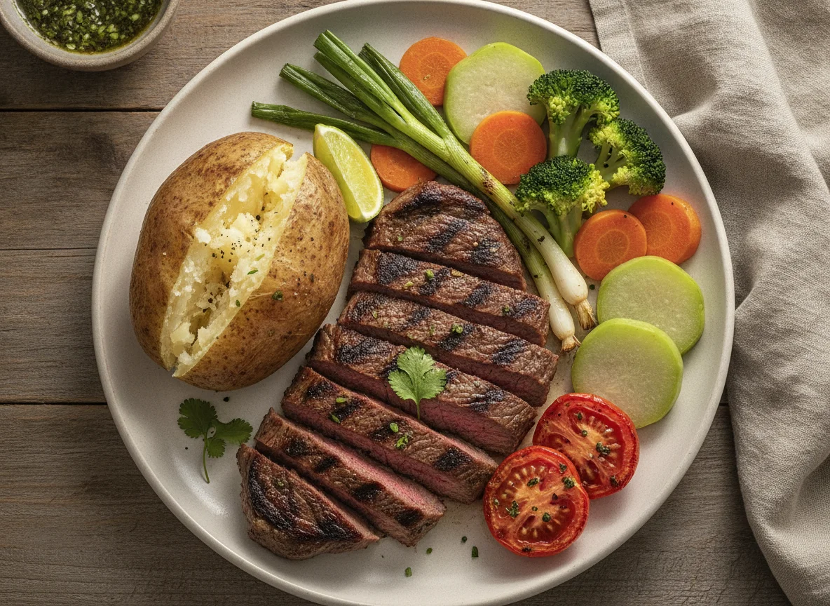 Carne asada con vegetales al vapor y papa photo