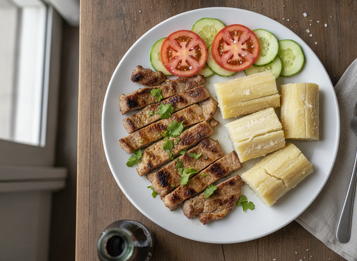 Carne asada con yuca, ensalada y gaseosa photo