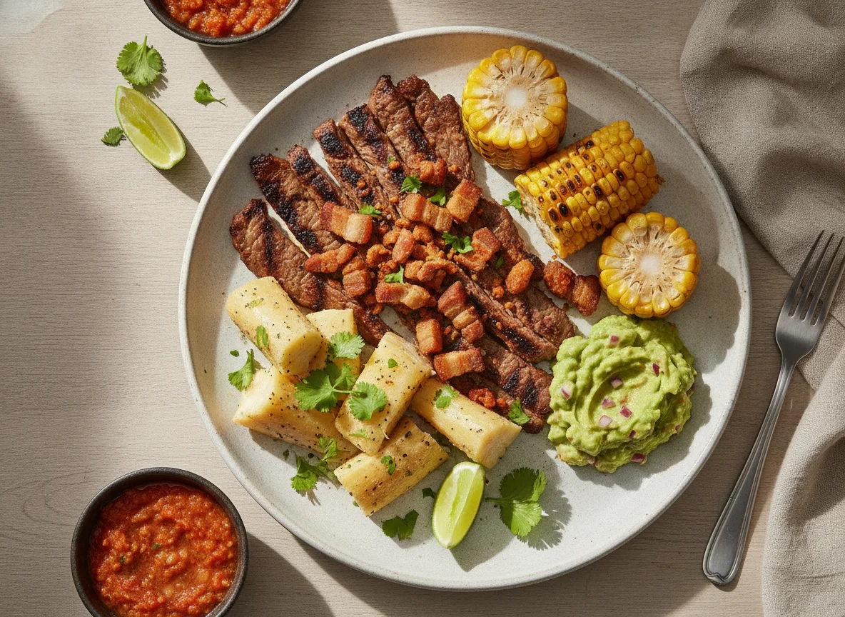 Carne asada con yuca, mazorca y guacamole photo