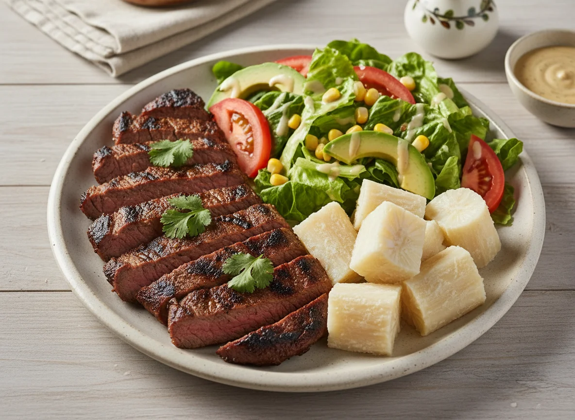 Carne asada con yuca y ensalada photo