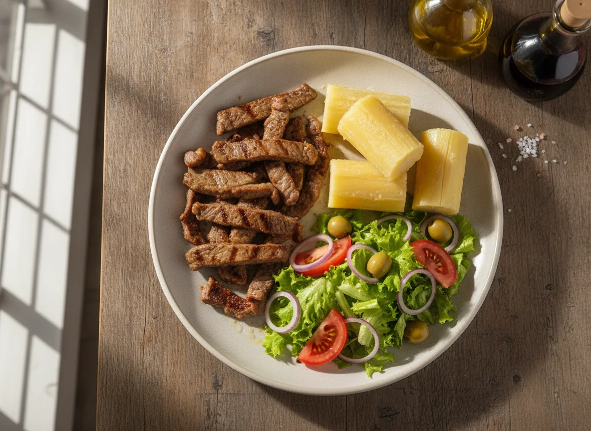 Carne asada con yuca y ensalada fresca photo