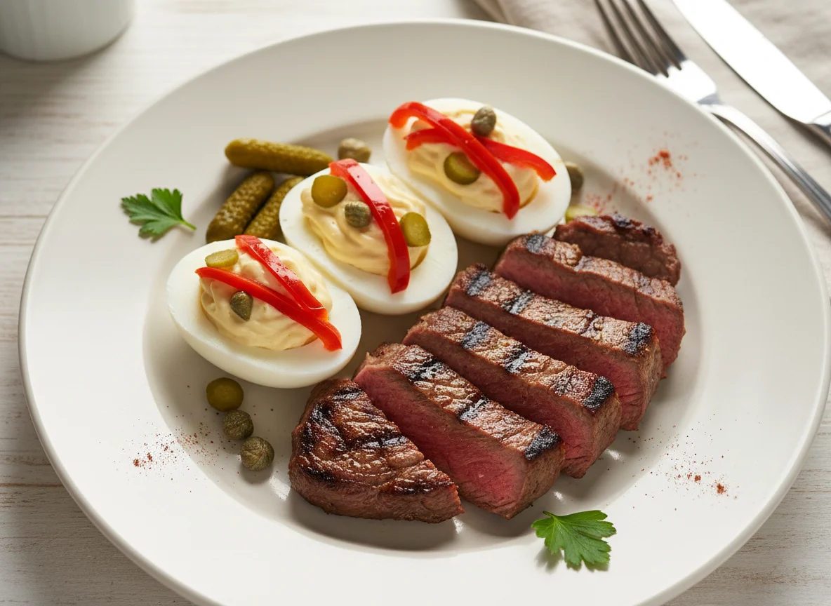 Carne asada y huevos rellenos photo