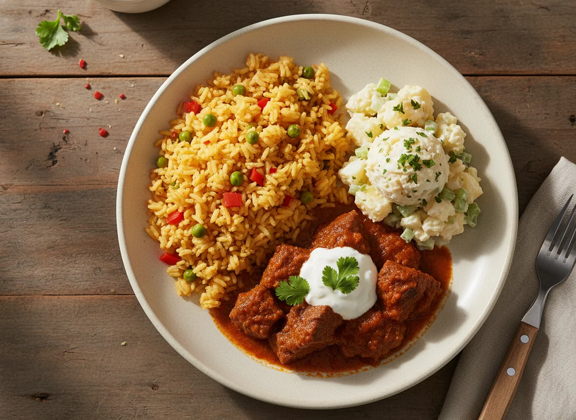 Carne con arroz amarillo y ensalada de papas photo