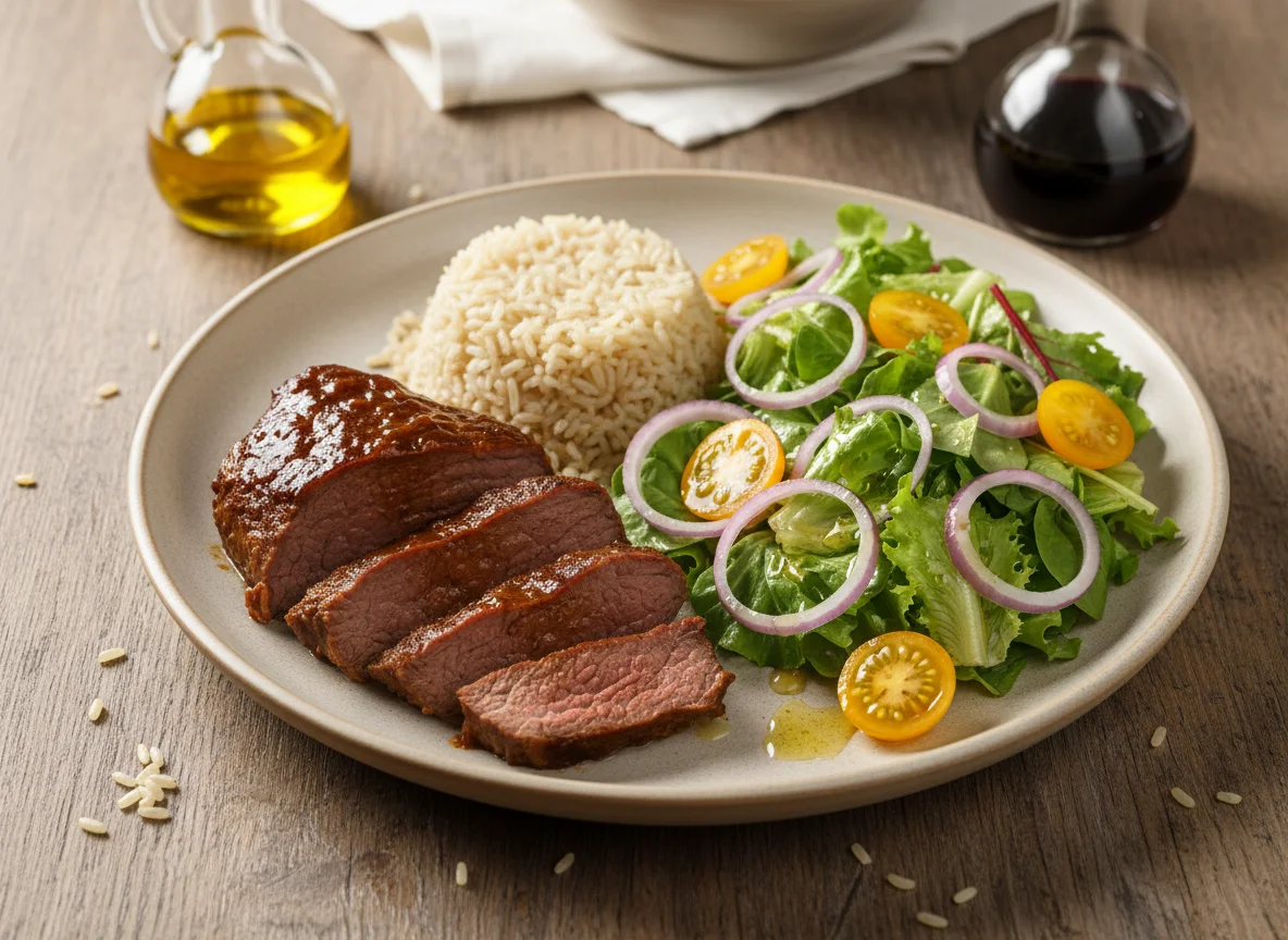 Carne con arroz integral y ensalada photo