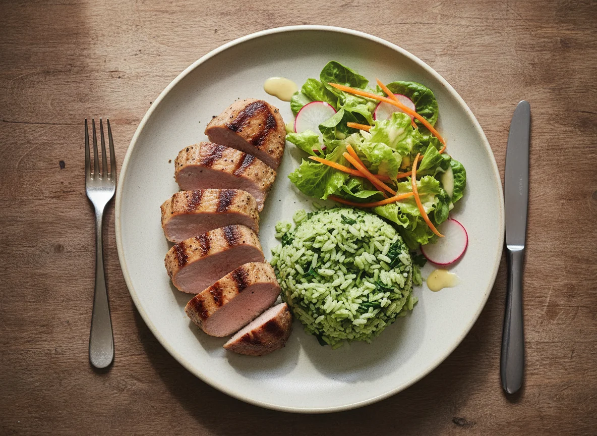 Carne con arroz verde y ensalada mixta photo