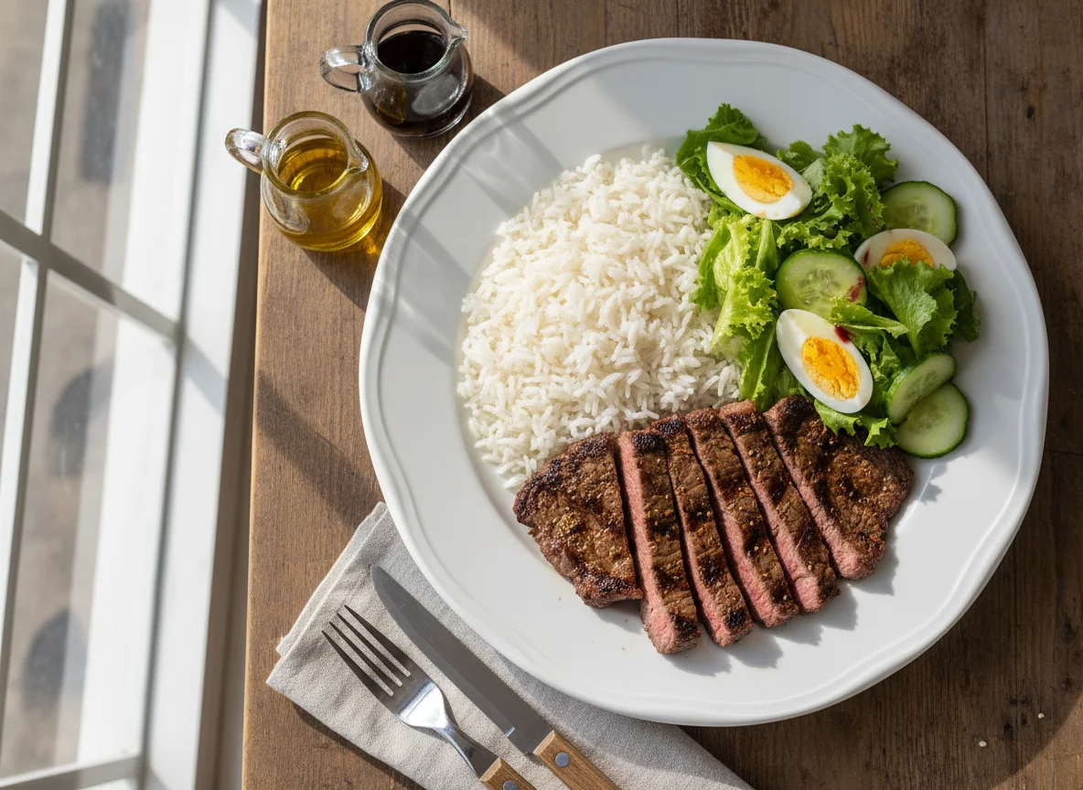 Carne con arroz y ensalada photo