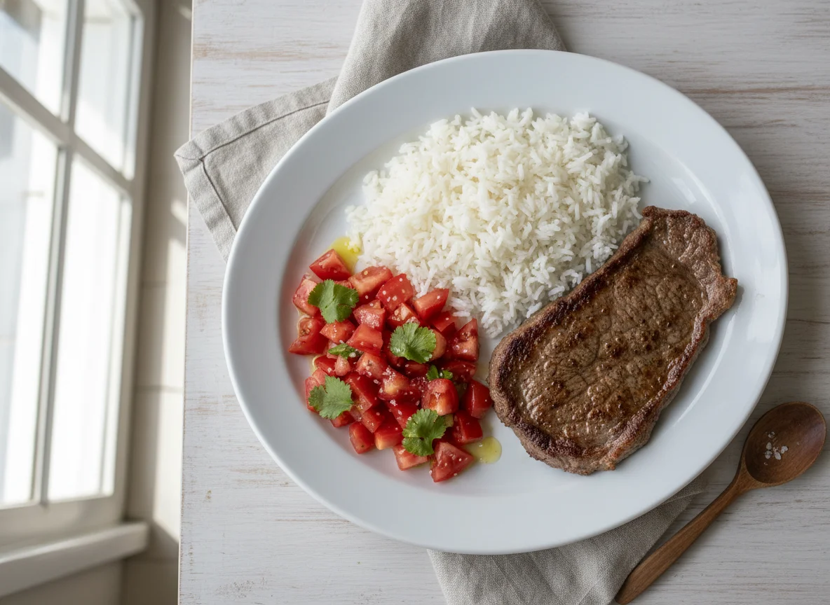 Carne con arroz y ensalada de tomate photo