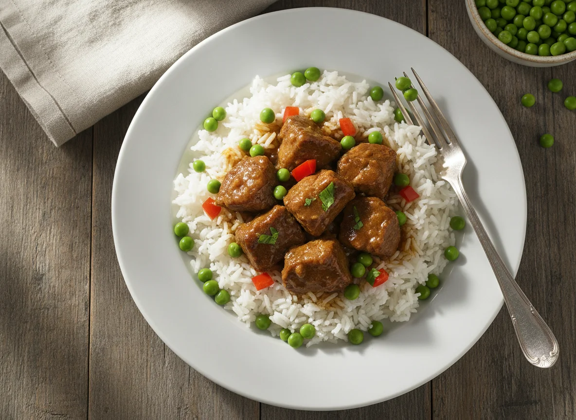 Carne con arroz y guisantes photo