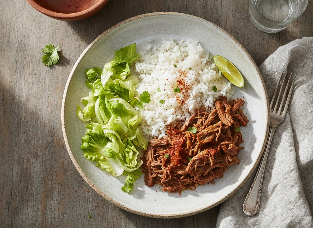 Carne con arroz y lechuga photo