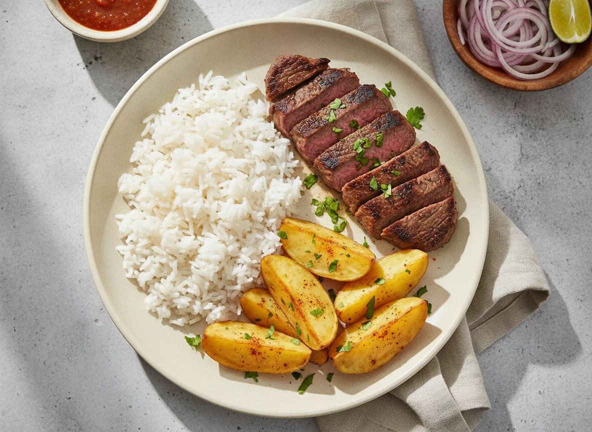 Carne con arroz y papa photo