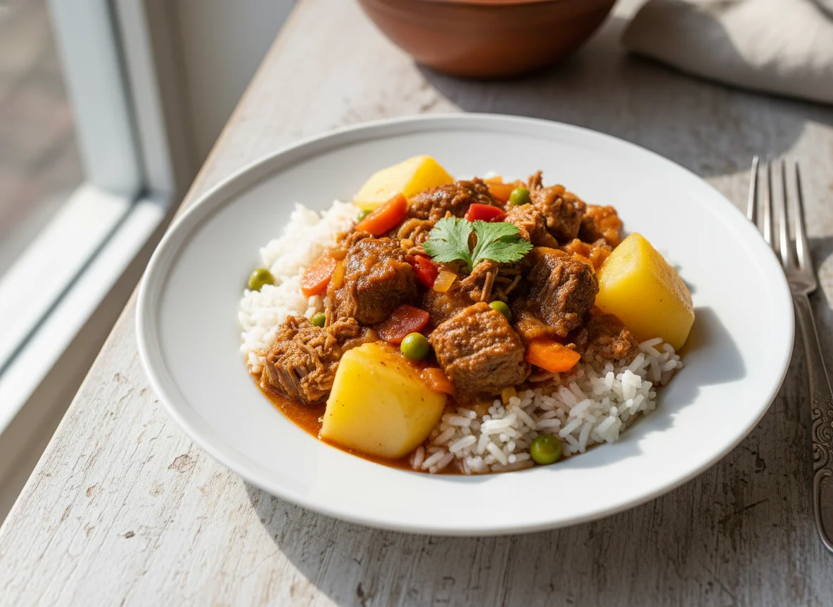Carne con arroz y papas photo