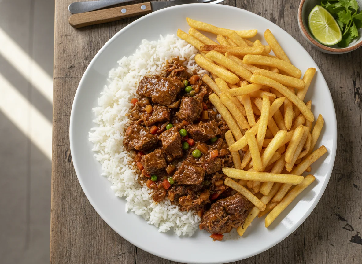 Carne con arroz y papas fritas photo