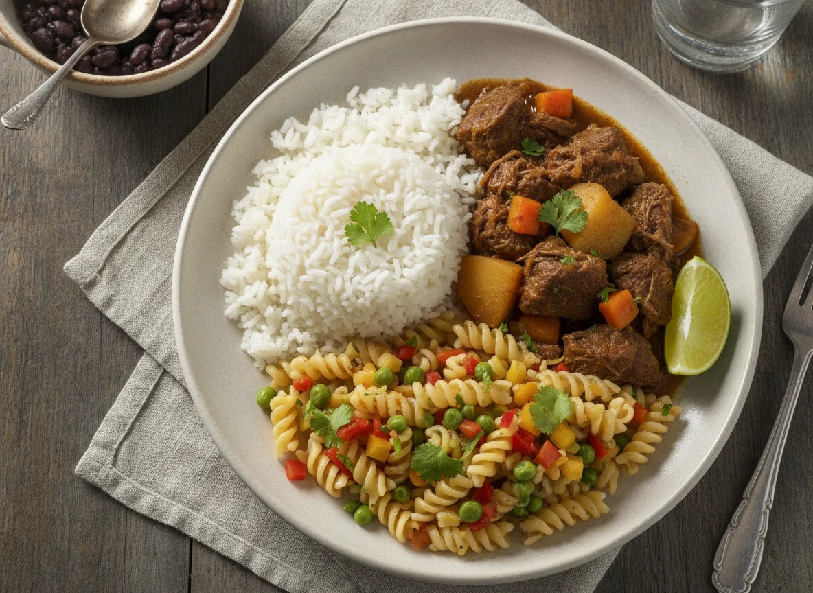 Carne con arroz y pasta photo