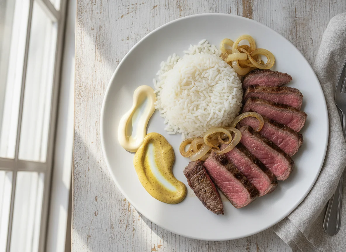 Carne con arroz y salsas photo