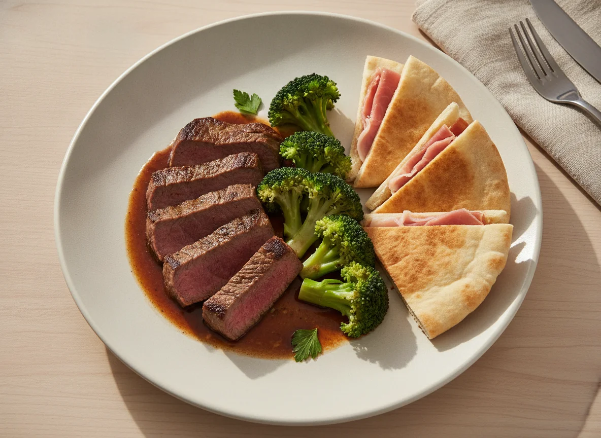 Carne con brócoli y pan pita con jamón photo