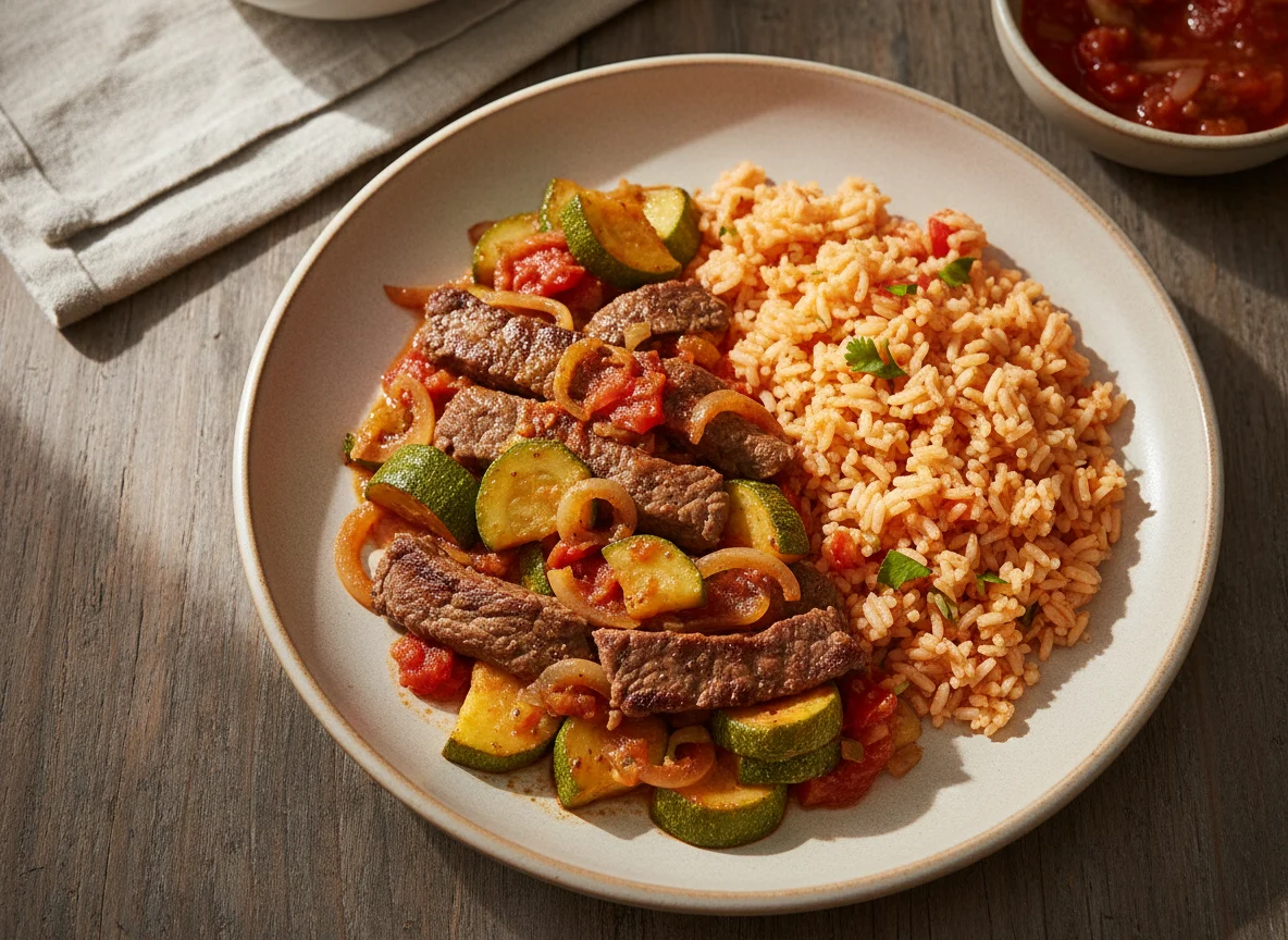 Carne con calabacitas y arroz photo