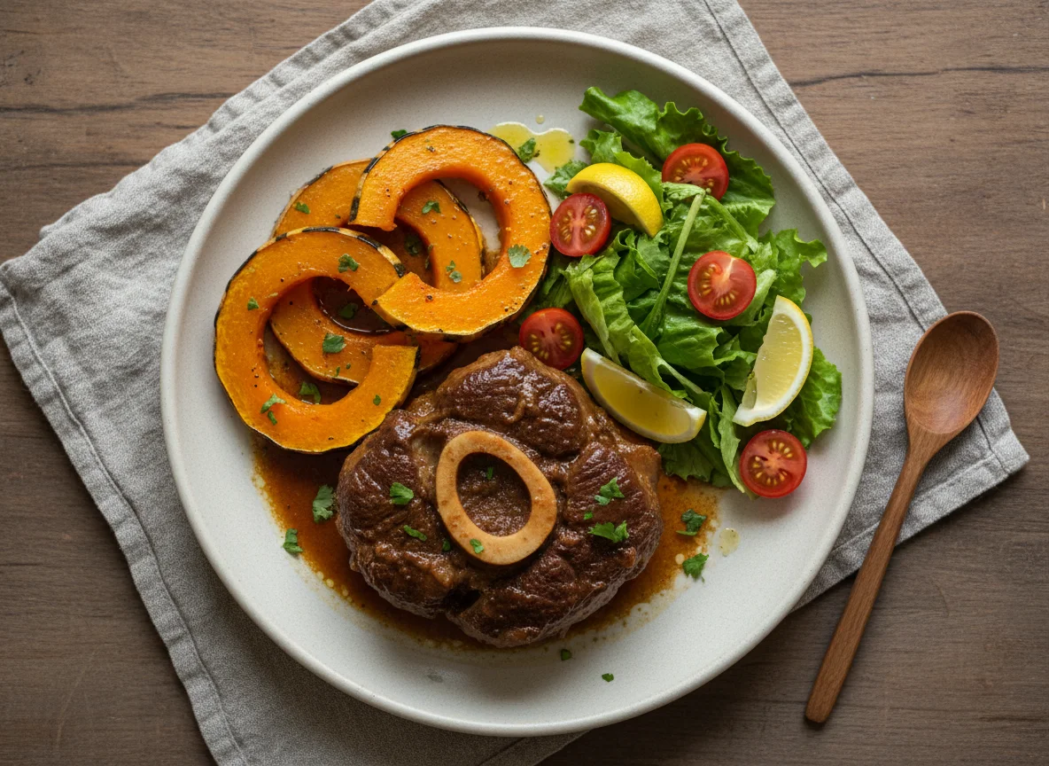 Carne con calabaza y ensalada photo