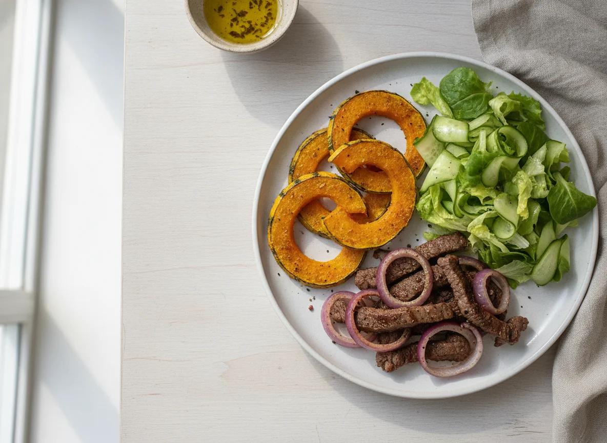 Carne con cebolla, calabaza empanada y ensalada photo