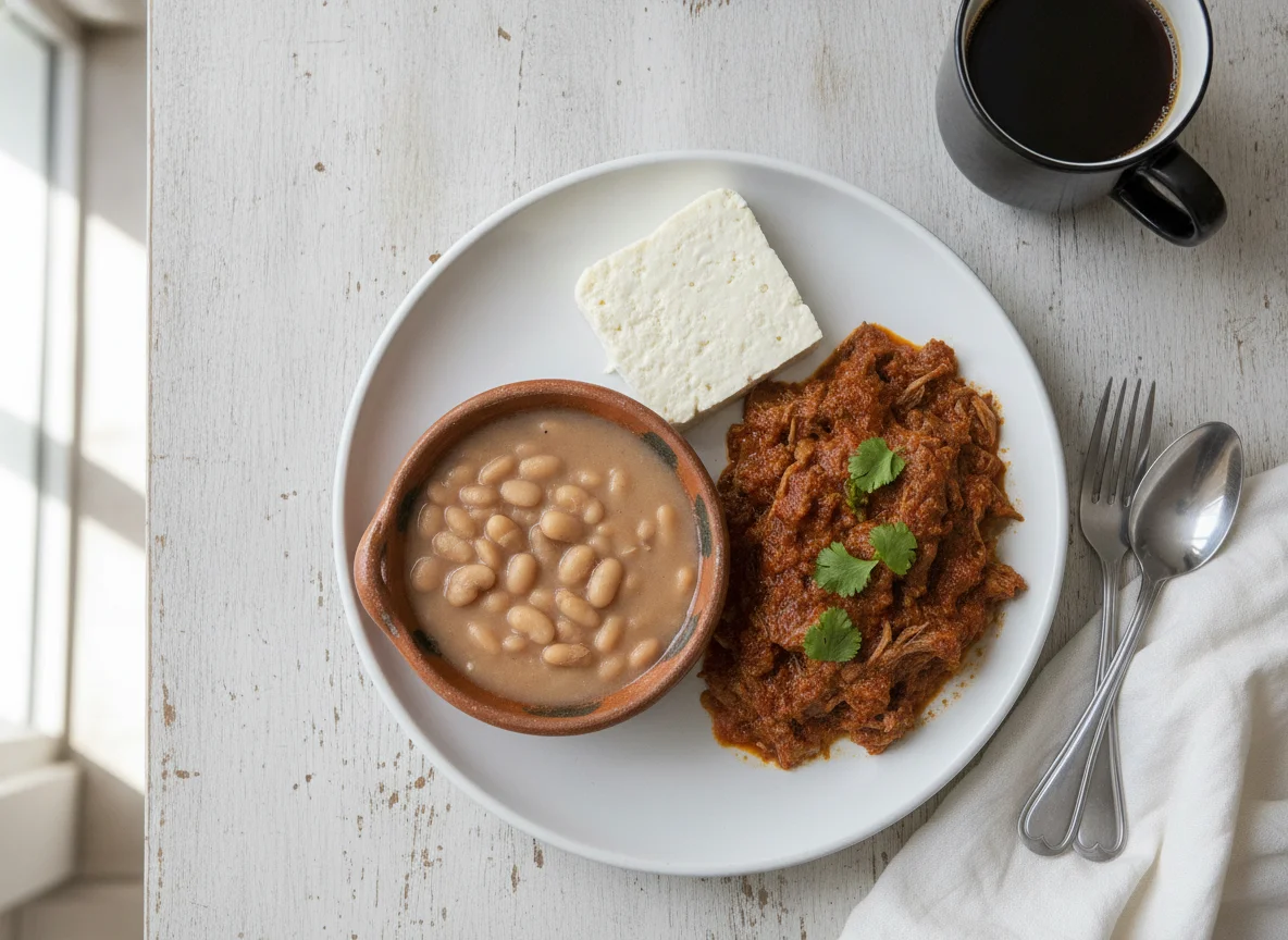 Carne con chile, frijoles de la olla y queso fresco photo
