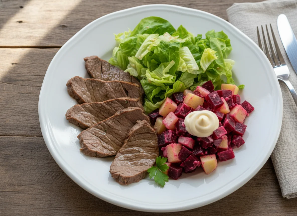 Carne con ensalada de lechuga y betarraga photo