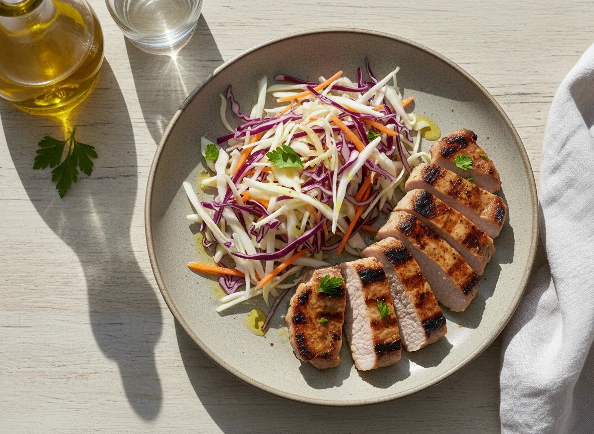 Carne con ensalada de repollo y zanahoria photo