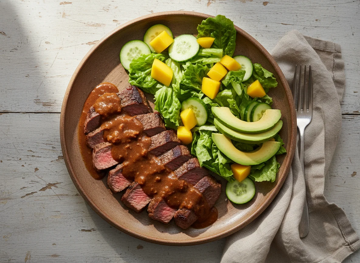 Carne con ensalada y aguacate photo