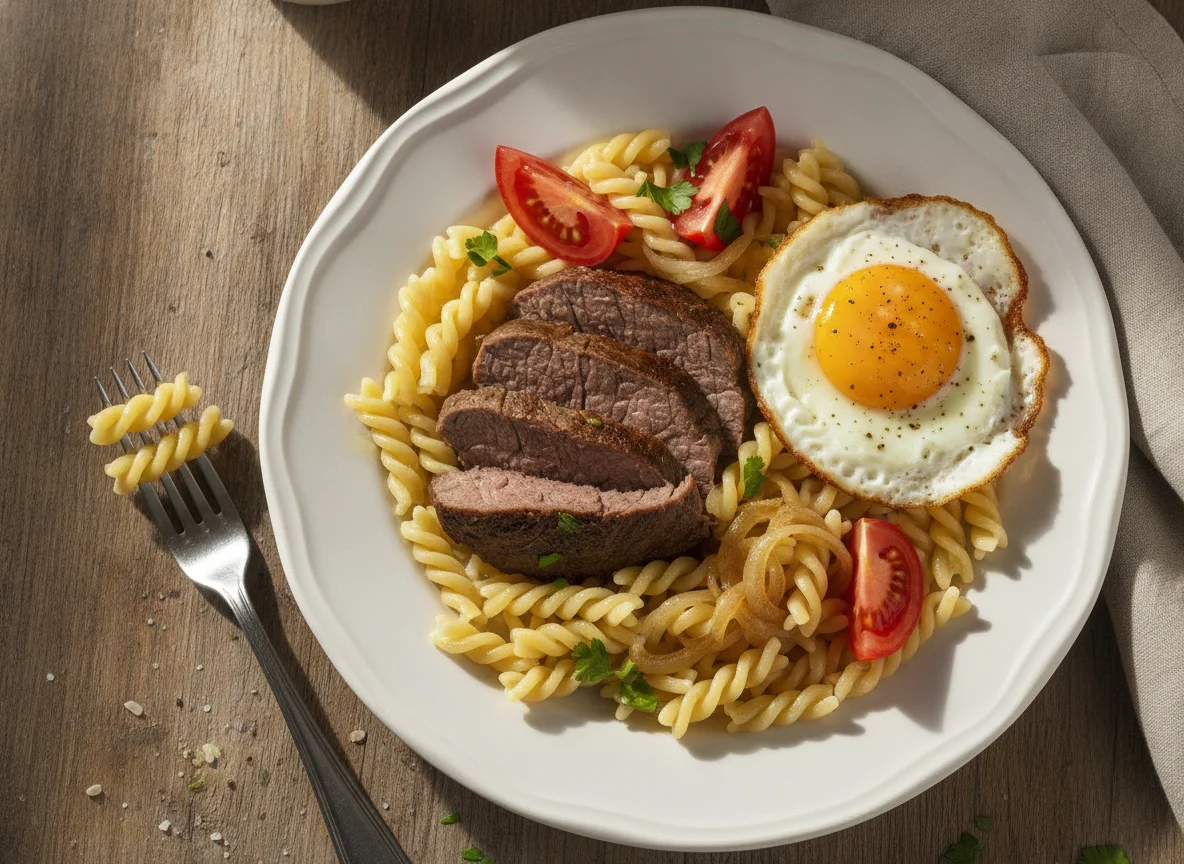 Carne con fideos, huevo y vegetales photo