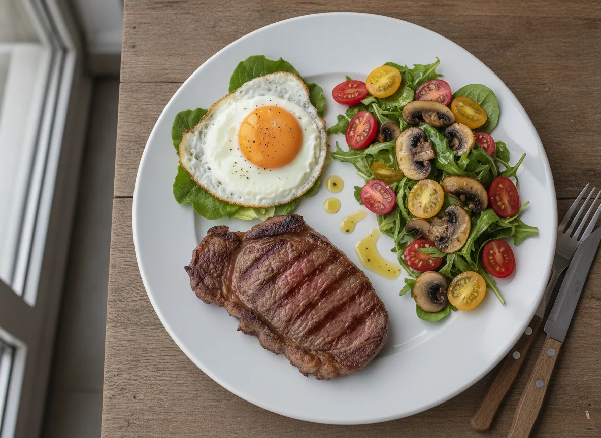 Carne con huevo y ensalada de tomates con champiñones photo