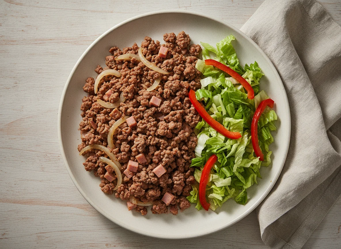 Carne con jamón, cebolla y ensalada photo