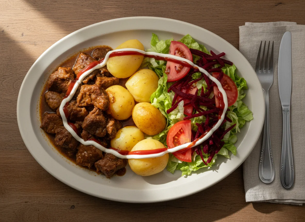 Carne con papas y ensalada photo