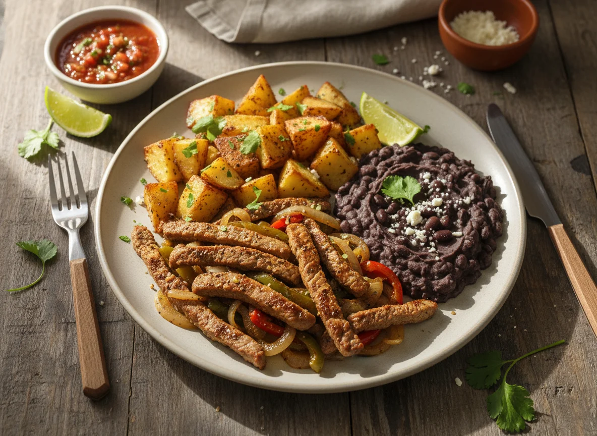 Carne con papas y puré de frijoles photo