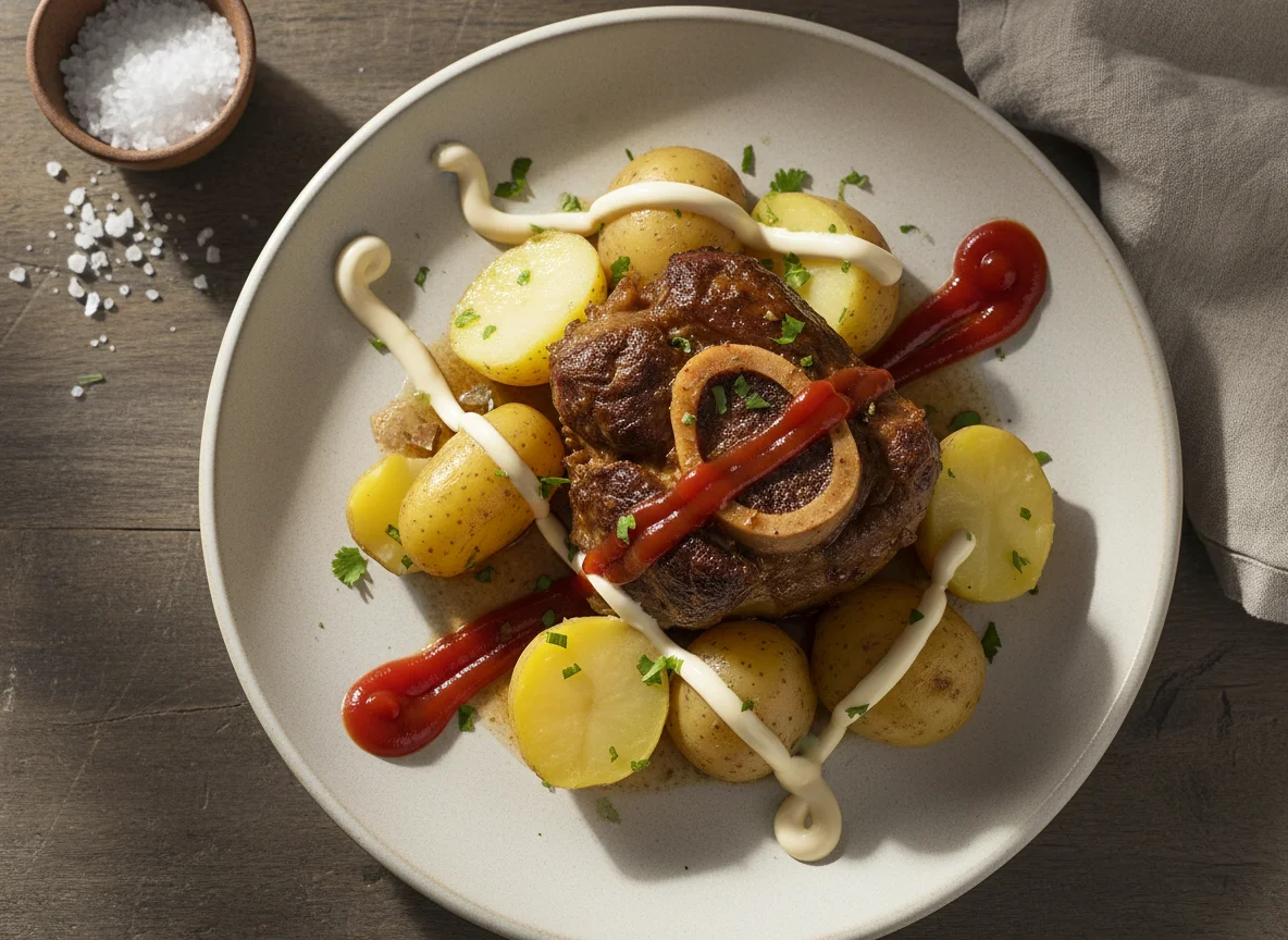 Carne con papas y salsas photo